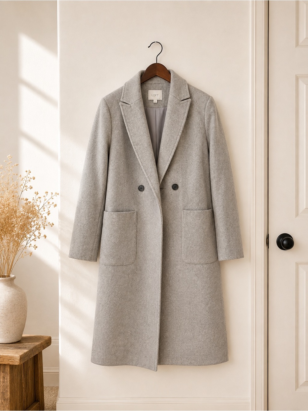 LOFT Light Gray Double-Breasted Wool-Blend Trench Coat oversized